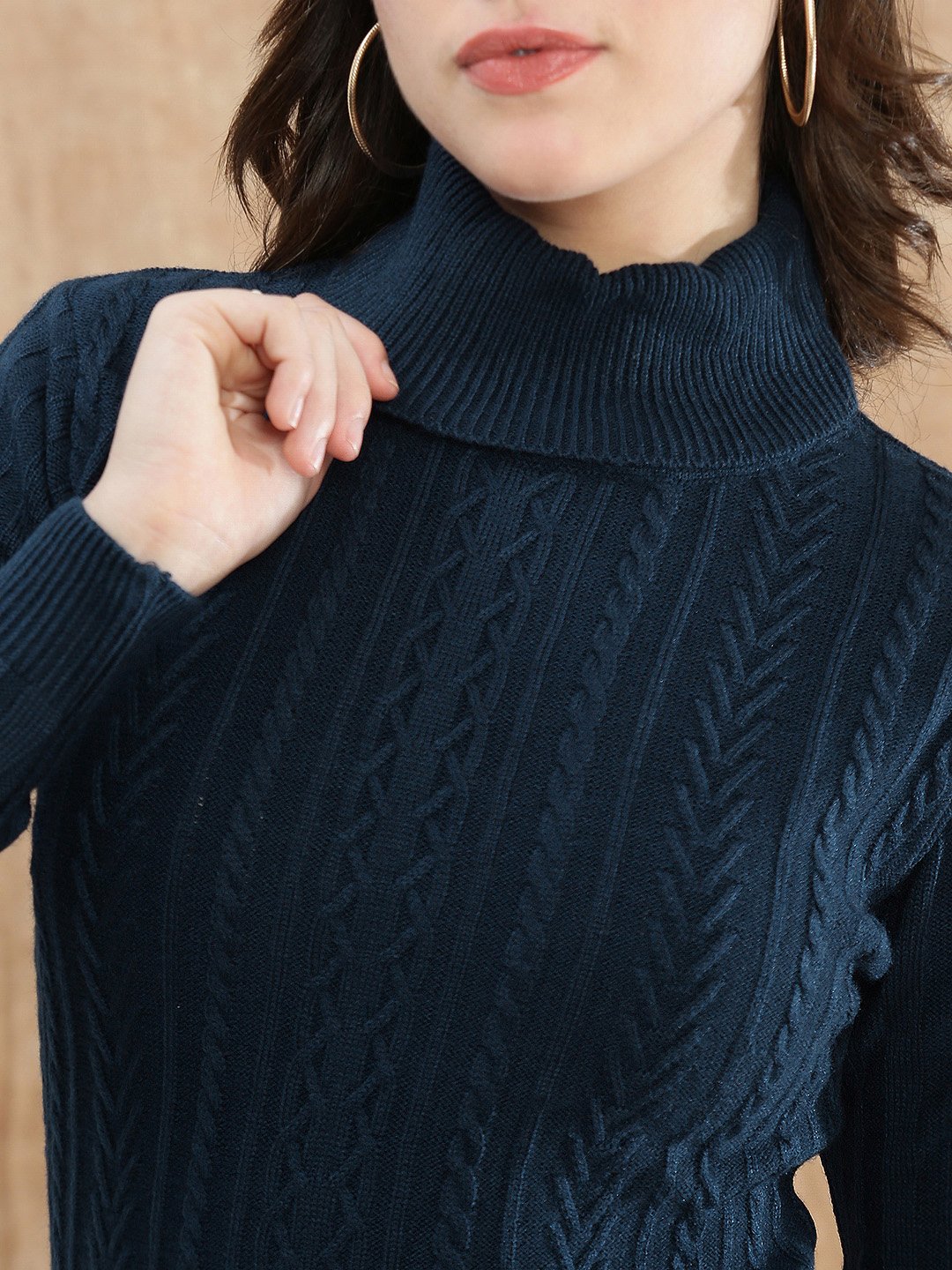 Blue Cable Knit Turtleneck Dress