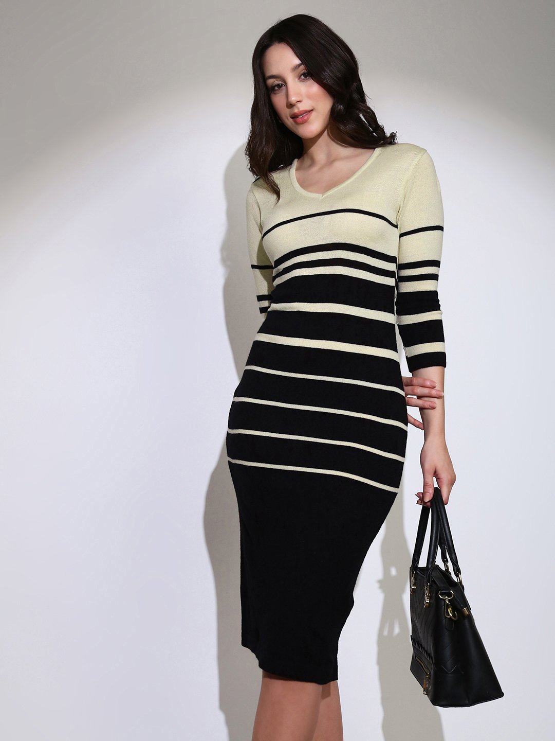 Black Striped Knit Midi Dress