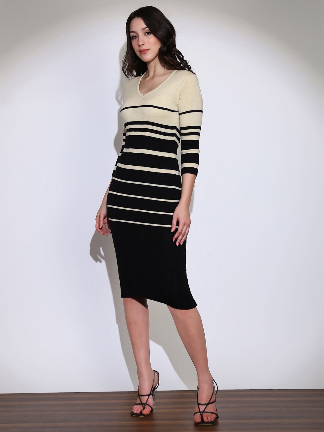Black Striped Knit Midi Dress