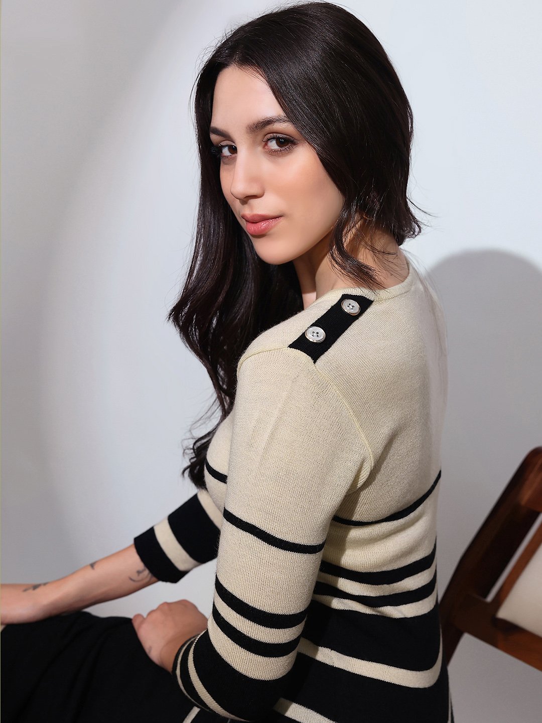 Black Striped Knit Midi Dress