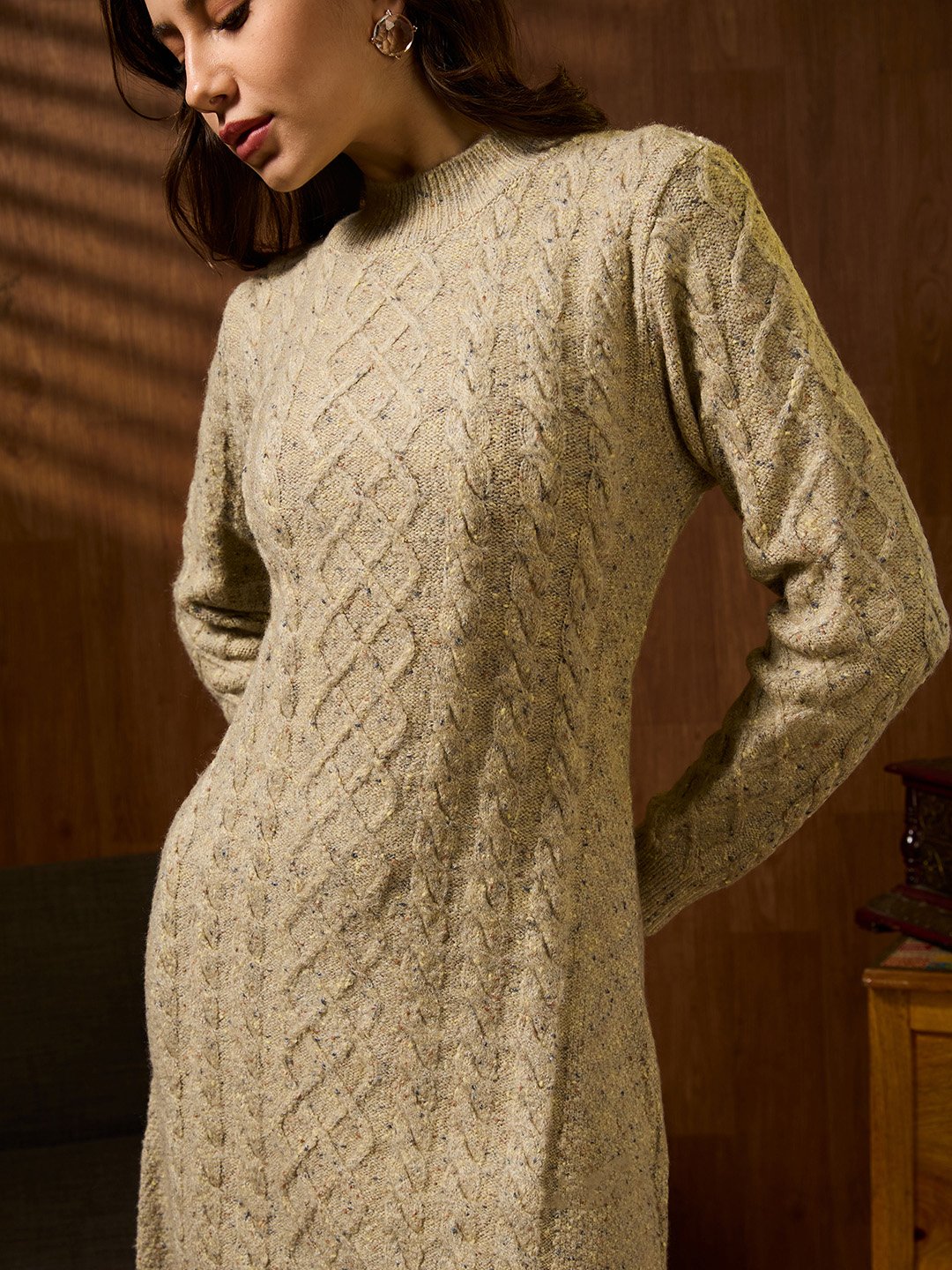 Beige High Neck Long Sleeves Dress