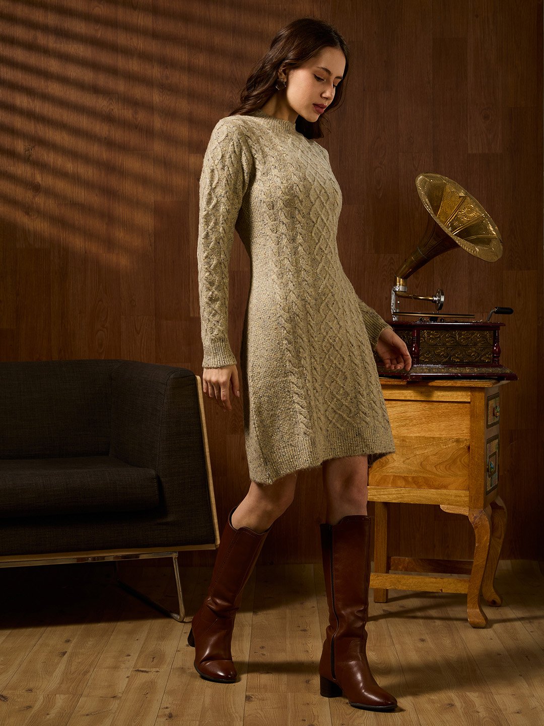 Beige High Neck Long Sleeves Dress