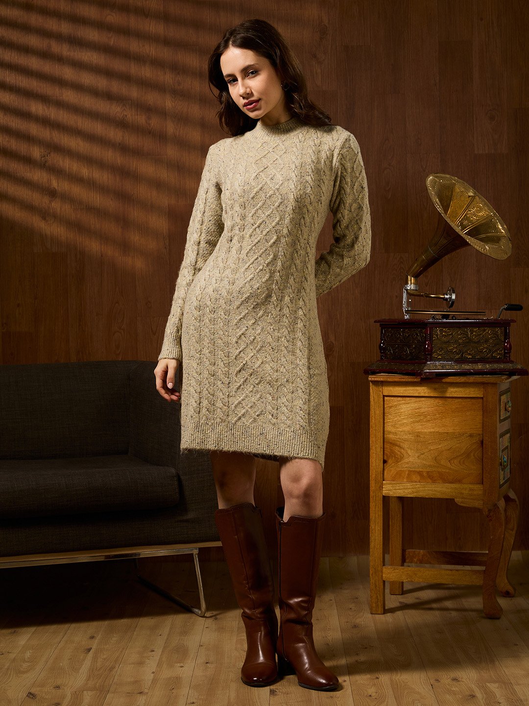 Beige High Neck Long Sleeves Dress