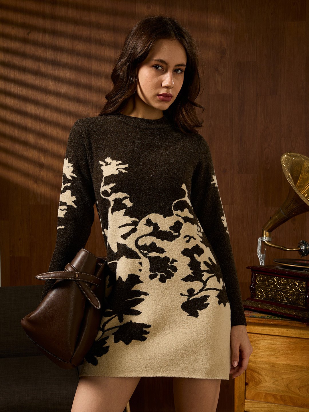 Brown Round Neck Long Sleeves Floral Mini Dress