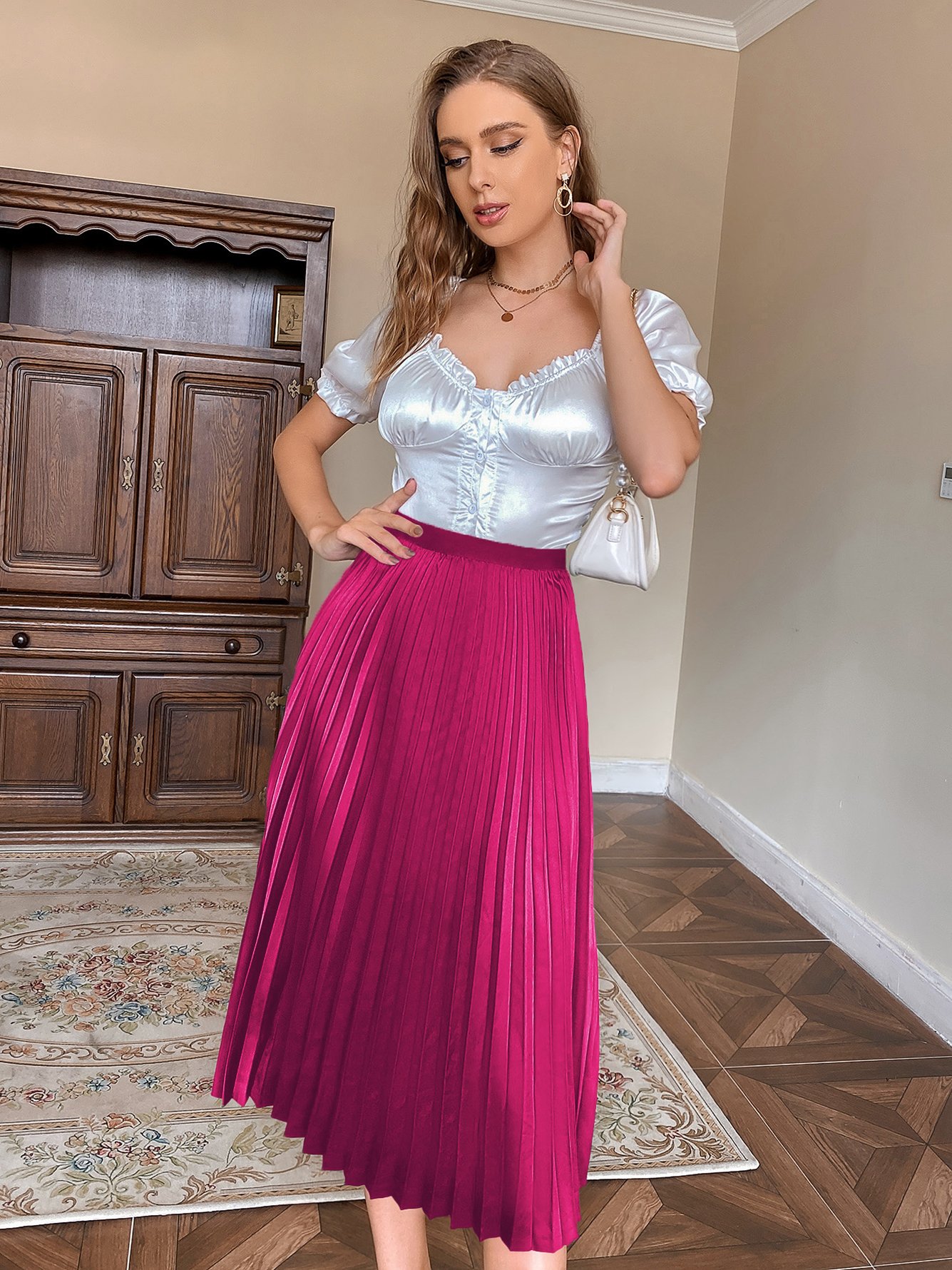 Magenta Pleated A-Line Midi Skirt
