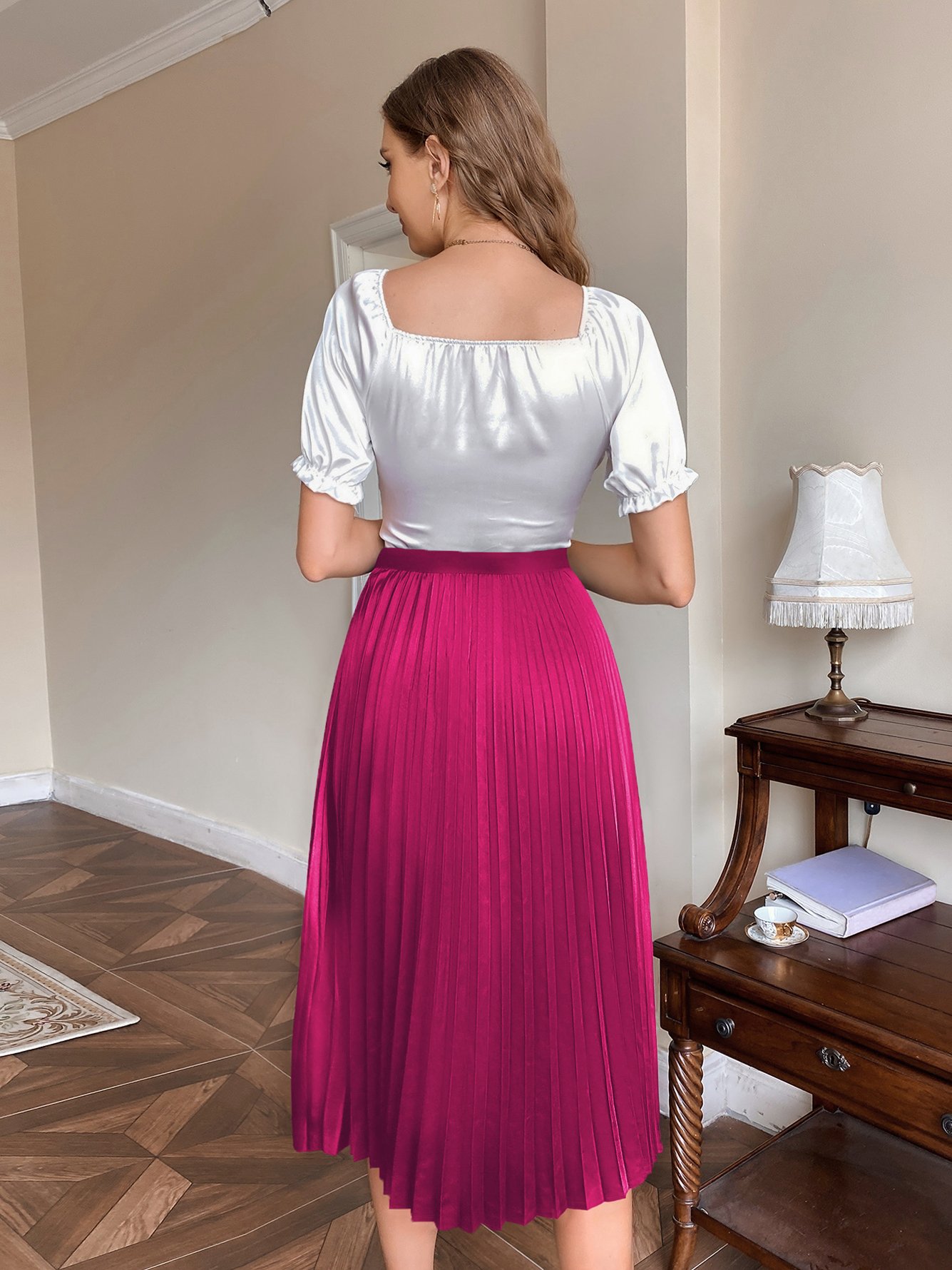 Magenta Pleated A-Line Midi Skirt