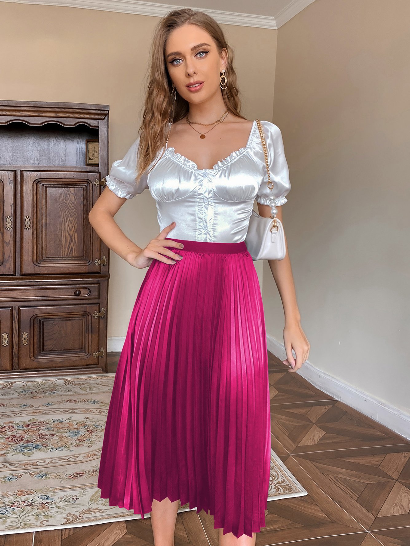 Magenta Pleated A-Line Midi Skirt