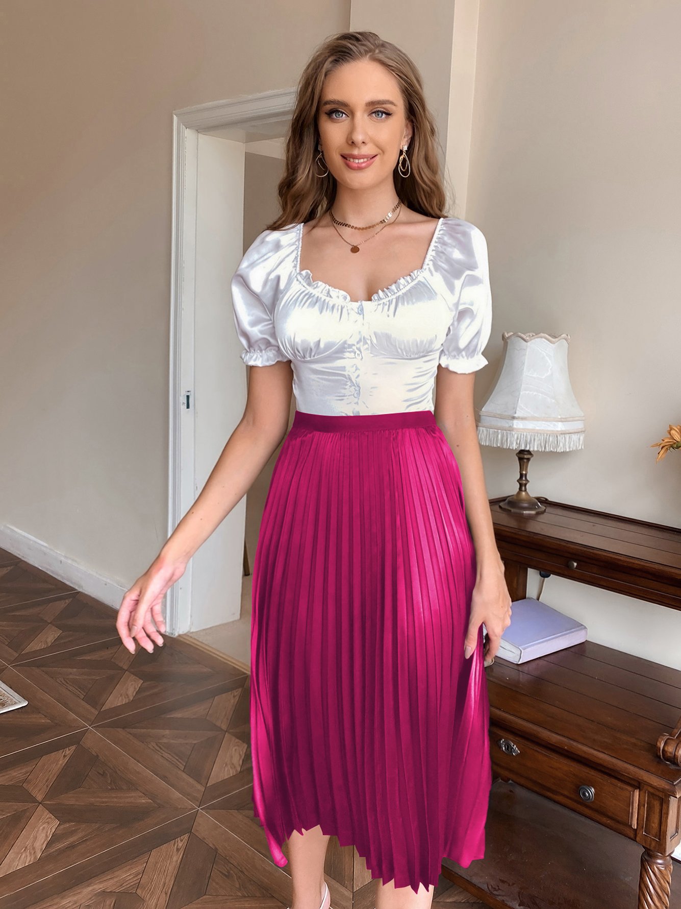 Magenta Pleated A-Line Midi Skirt