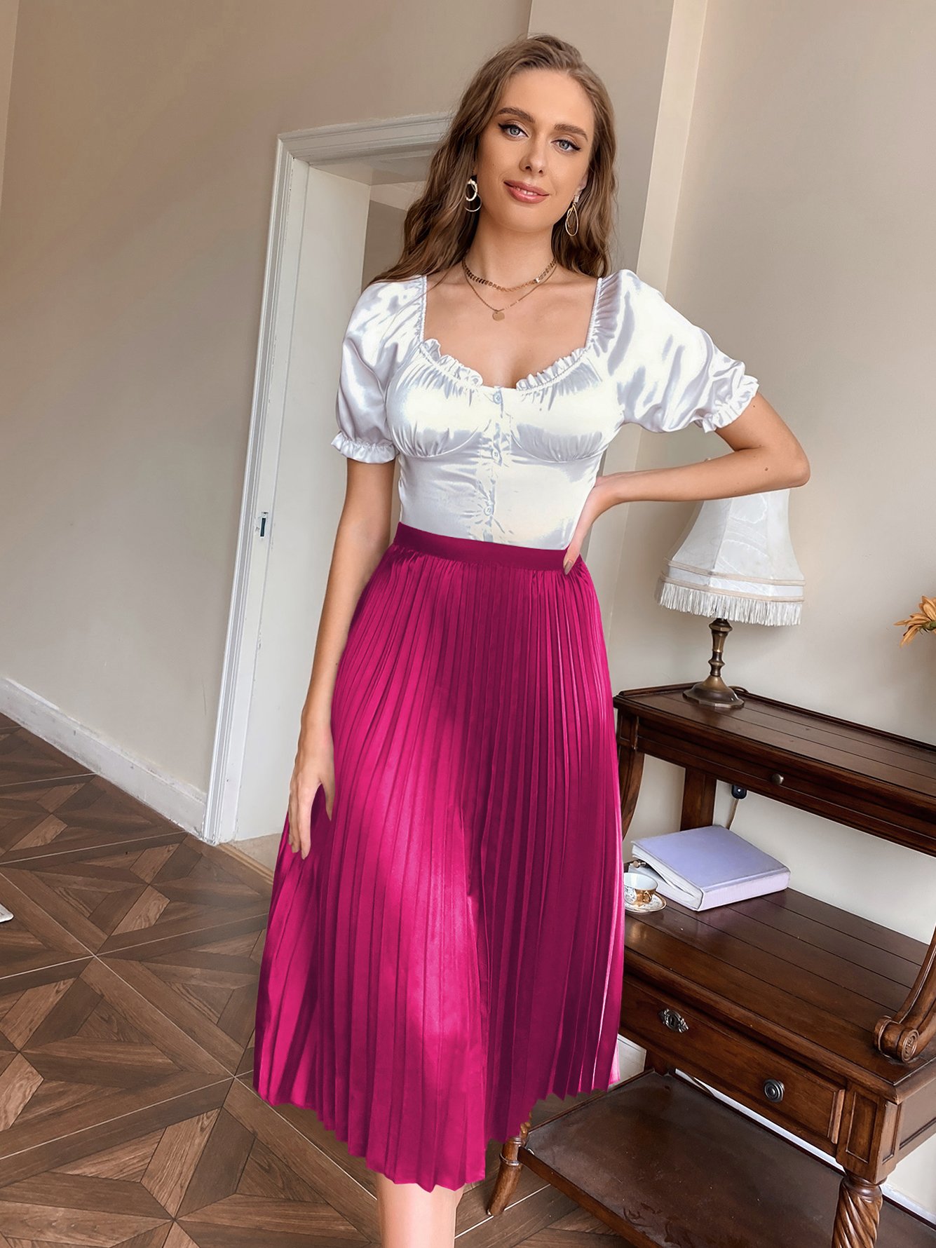 Magenta Pleated A-Line Midi Skirt