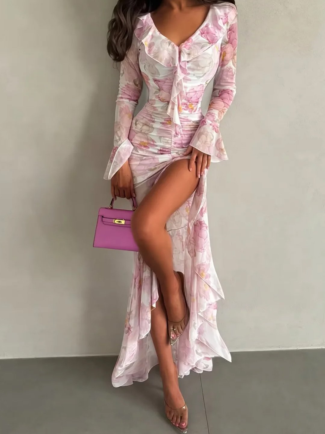 Peach Printed V Neck A-Line Maxi Dress