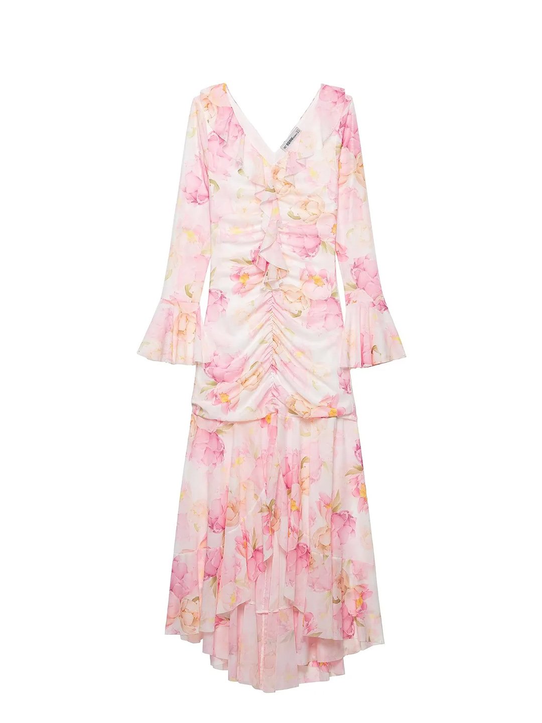 Peach Printed V Neck A-Line Maxi Dress