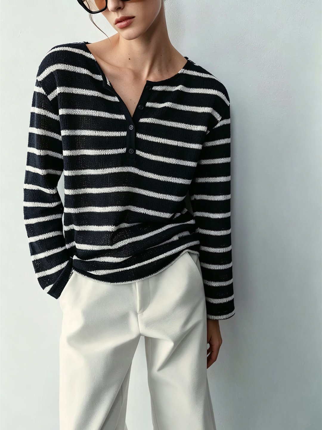 Womens Striped Longline Jumper with Button Detail