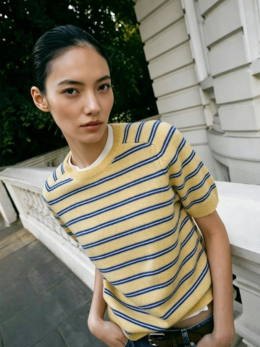 Womens Striped Knit Jumper - Pure Wool Short Sleeve