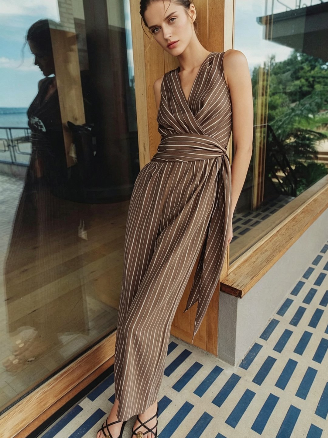 Striped Straight Leg Jumpsuit with Waist Tie Detail