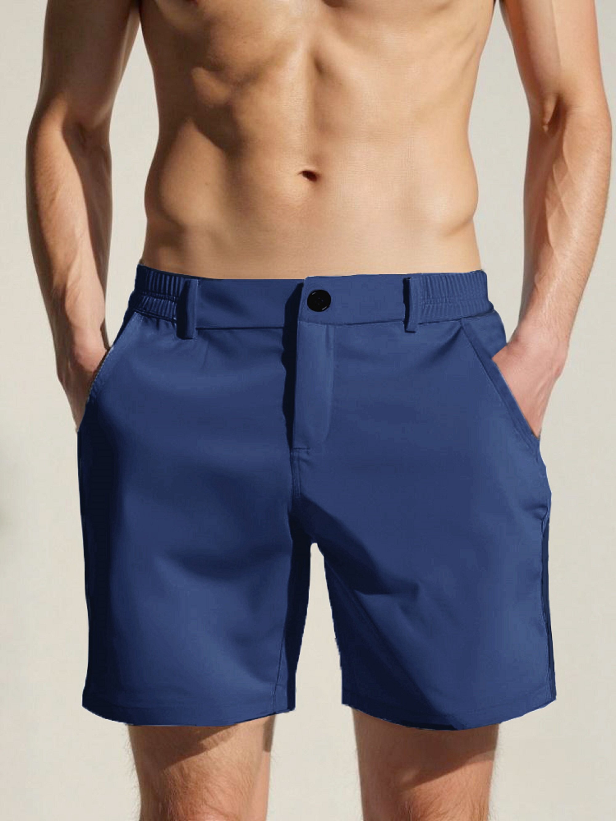 Navy Blue Solid Casual Shorts with Pockets