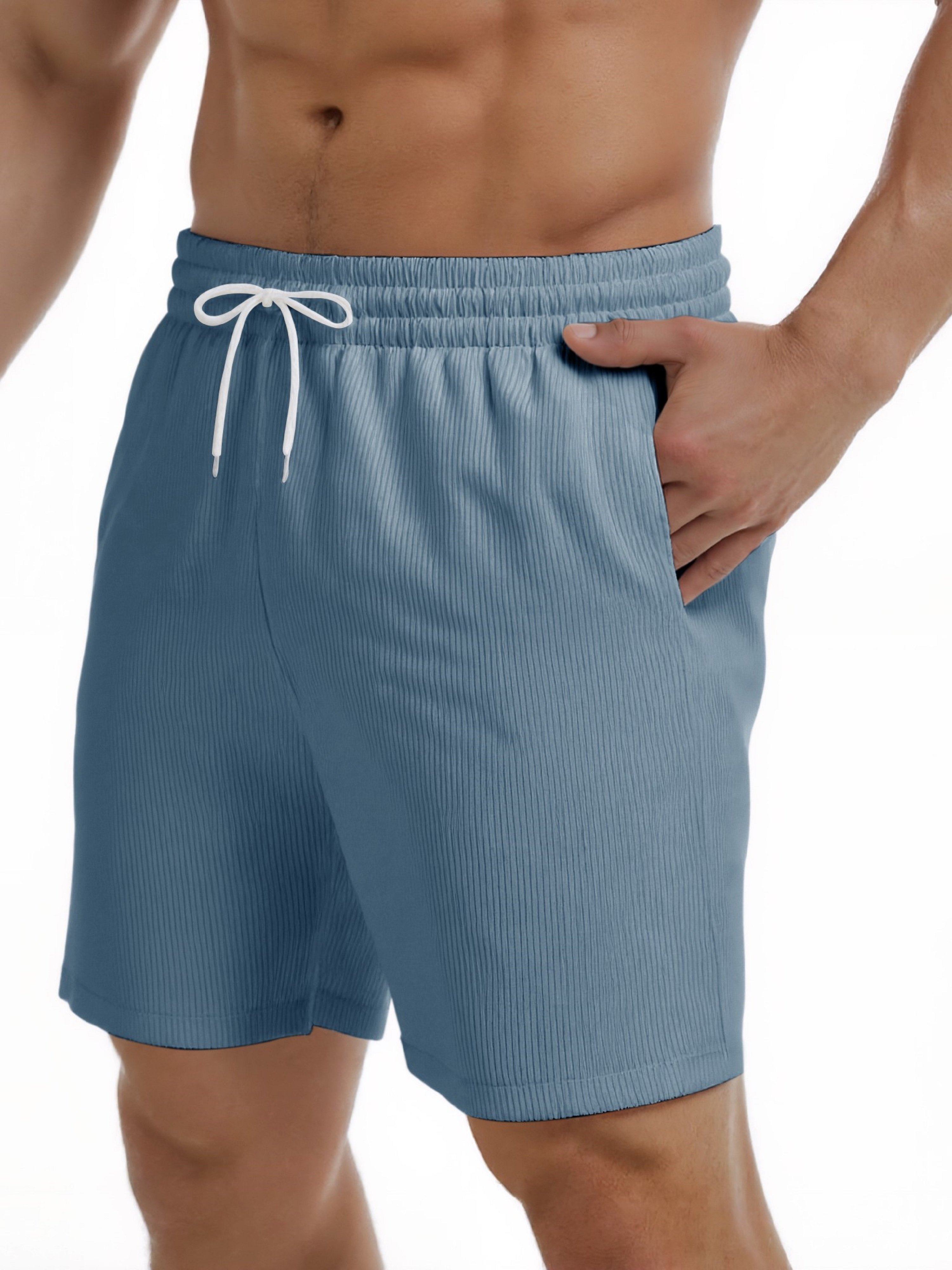 Blue Ribbed Knit Pocket Detail Drawstring Shorts