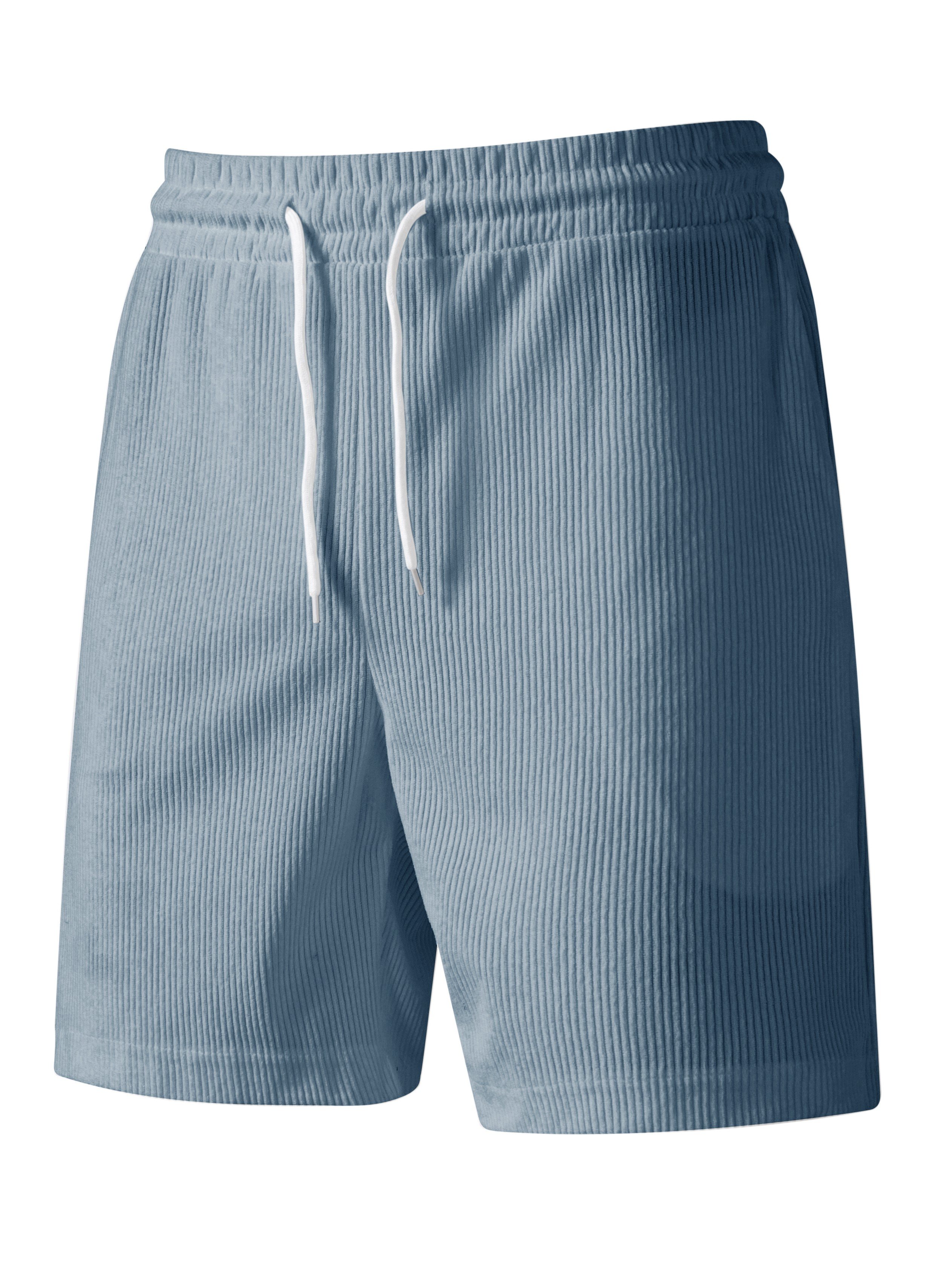 Blue Ribbed Knit Pocket Detail Drawstring Shorts