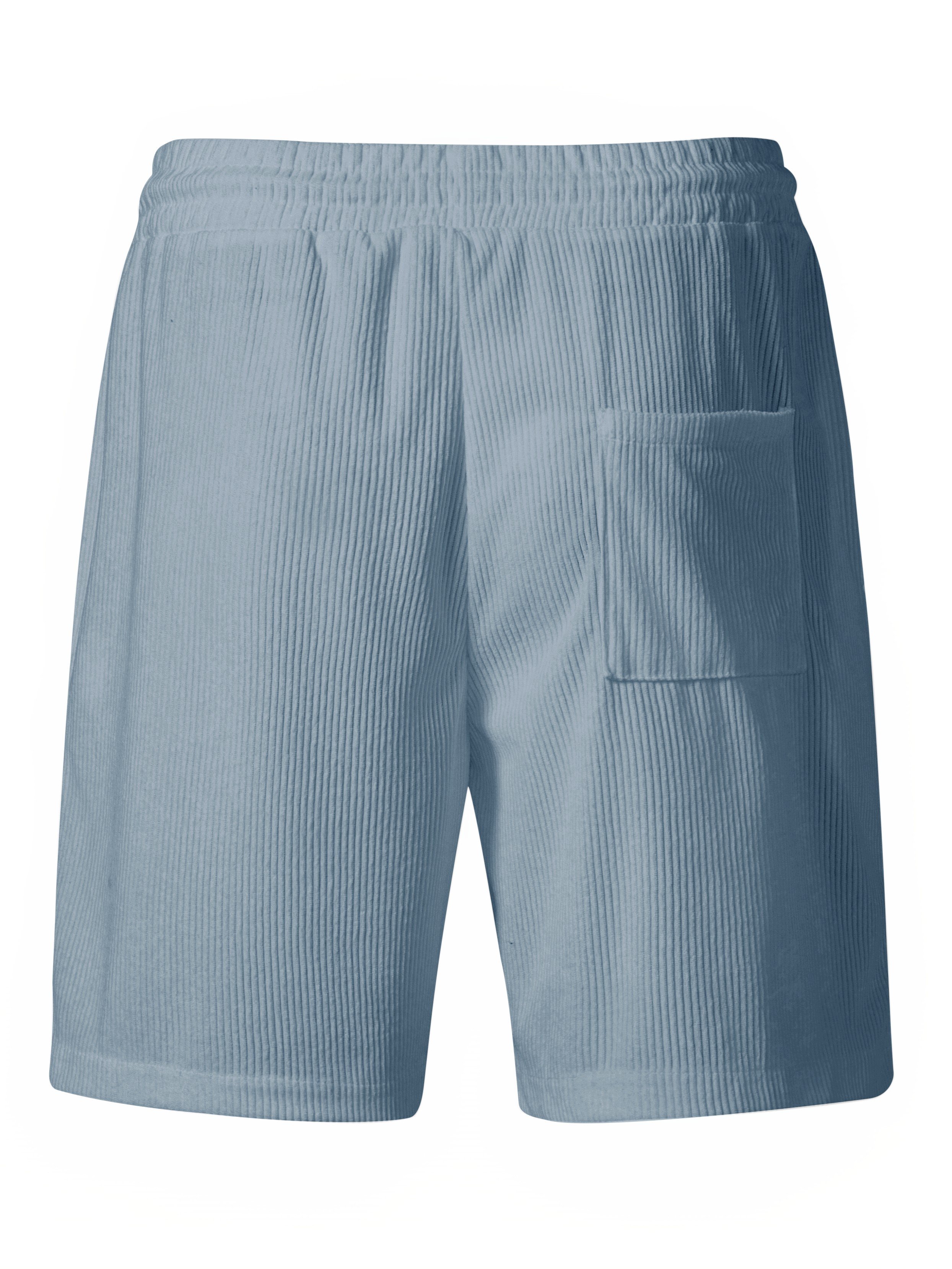 Blue Ribbed Knit Pocket Detail Drawstring Shorts