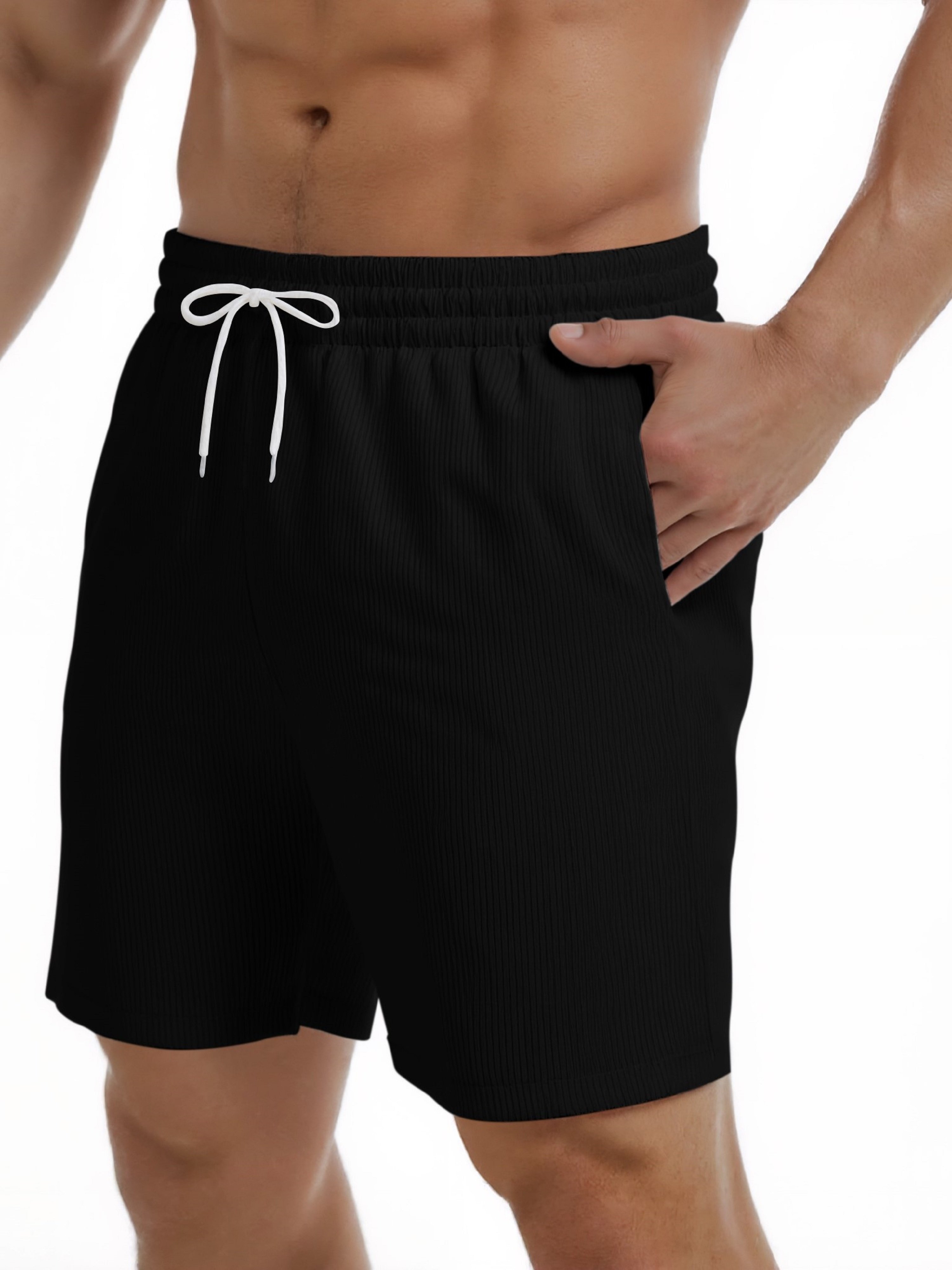 Black Solid Drawstring Ribbed Shorts with Pockets