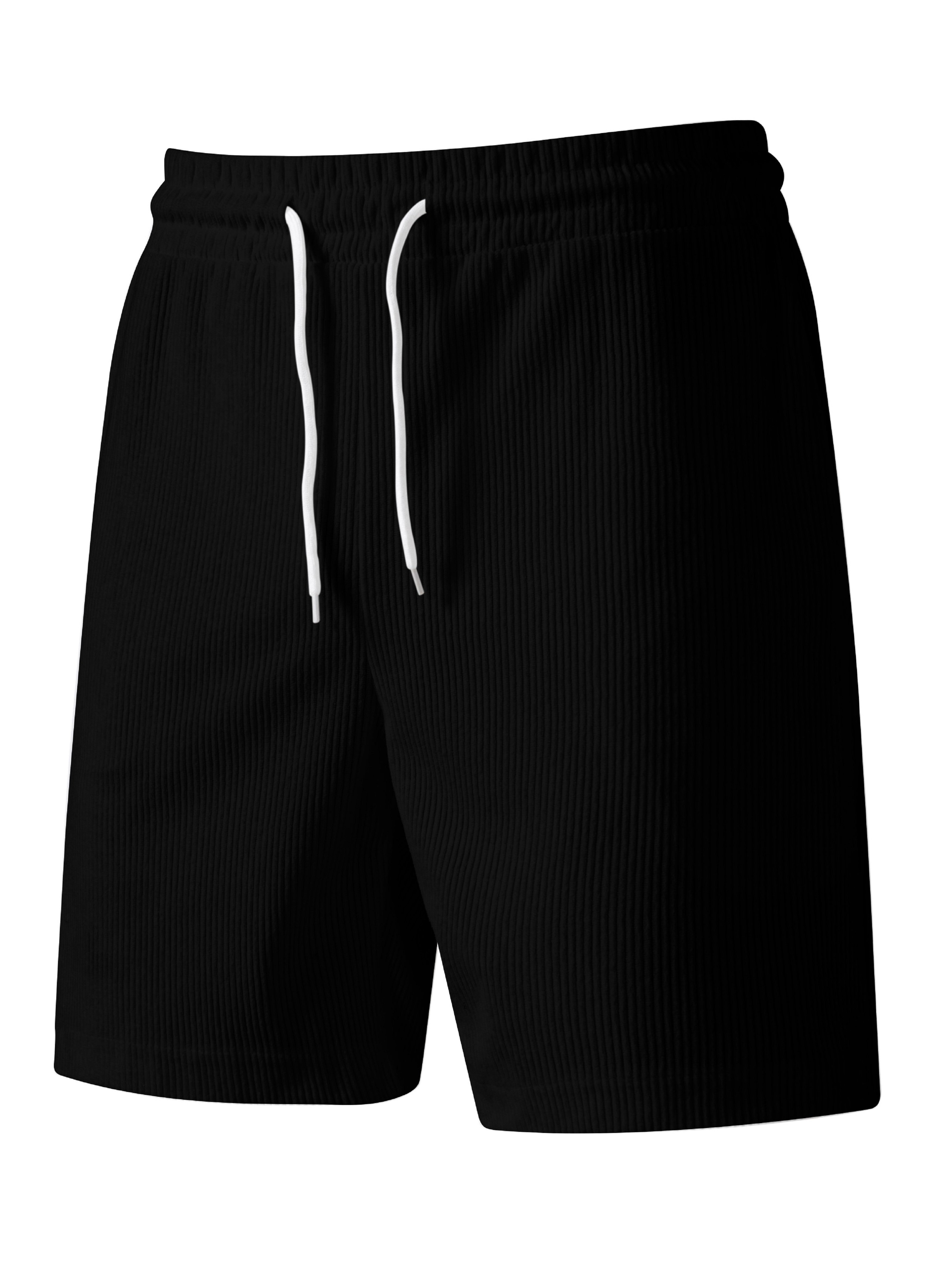 Black Solid Drawstring Ribbed Shorts with Pockets