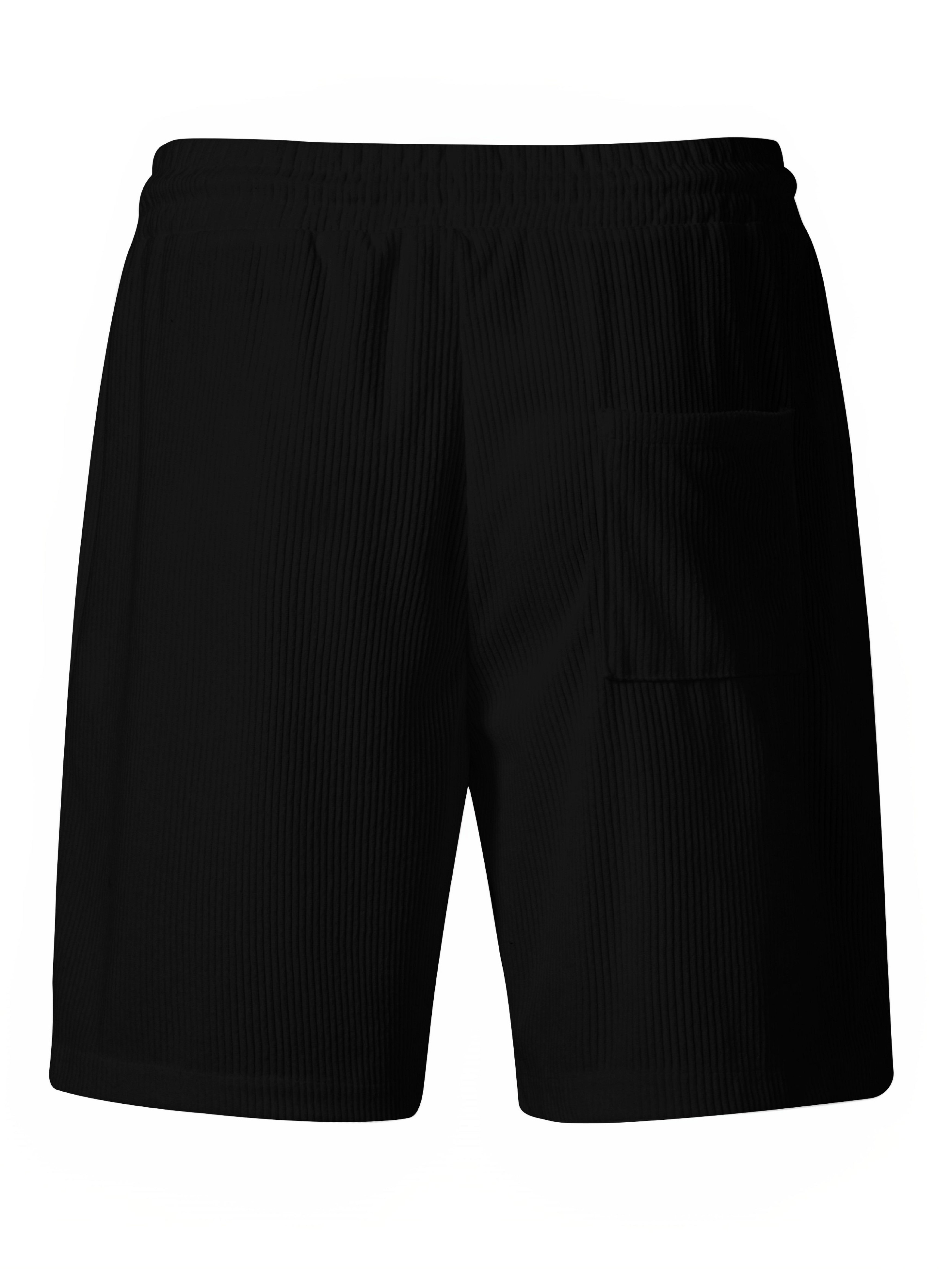 Black Solid Drawstring Ribbed Shorts with Pockets