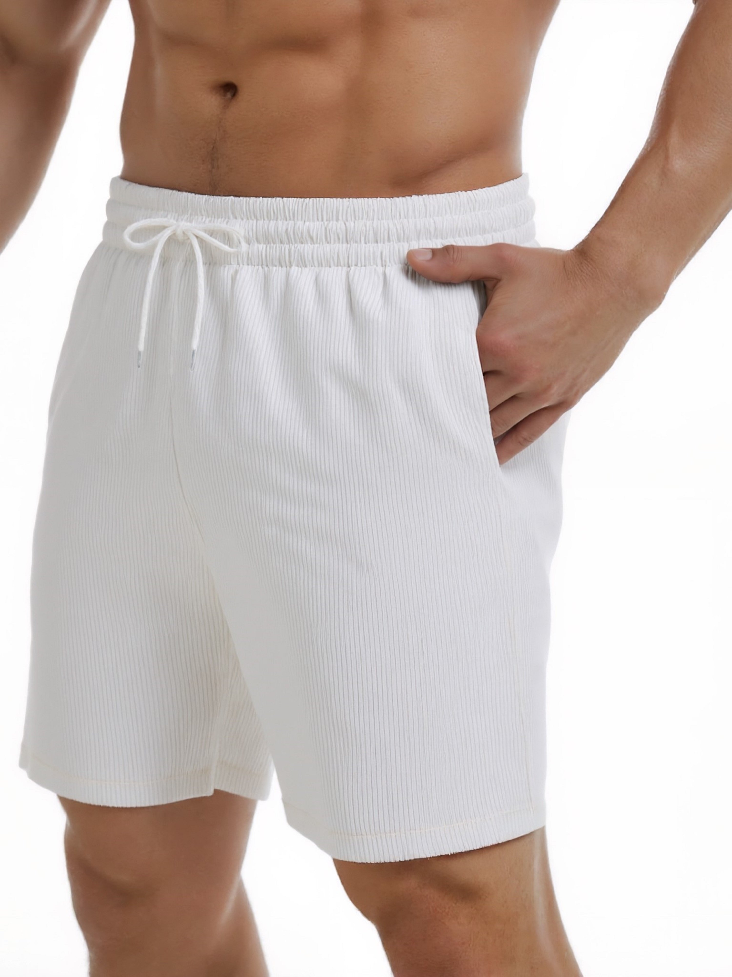 White Ribbed Knit Pocket Detail Drawstring Shorts