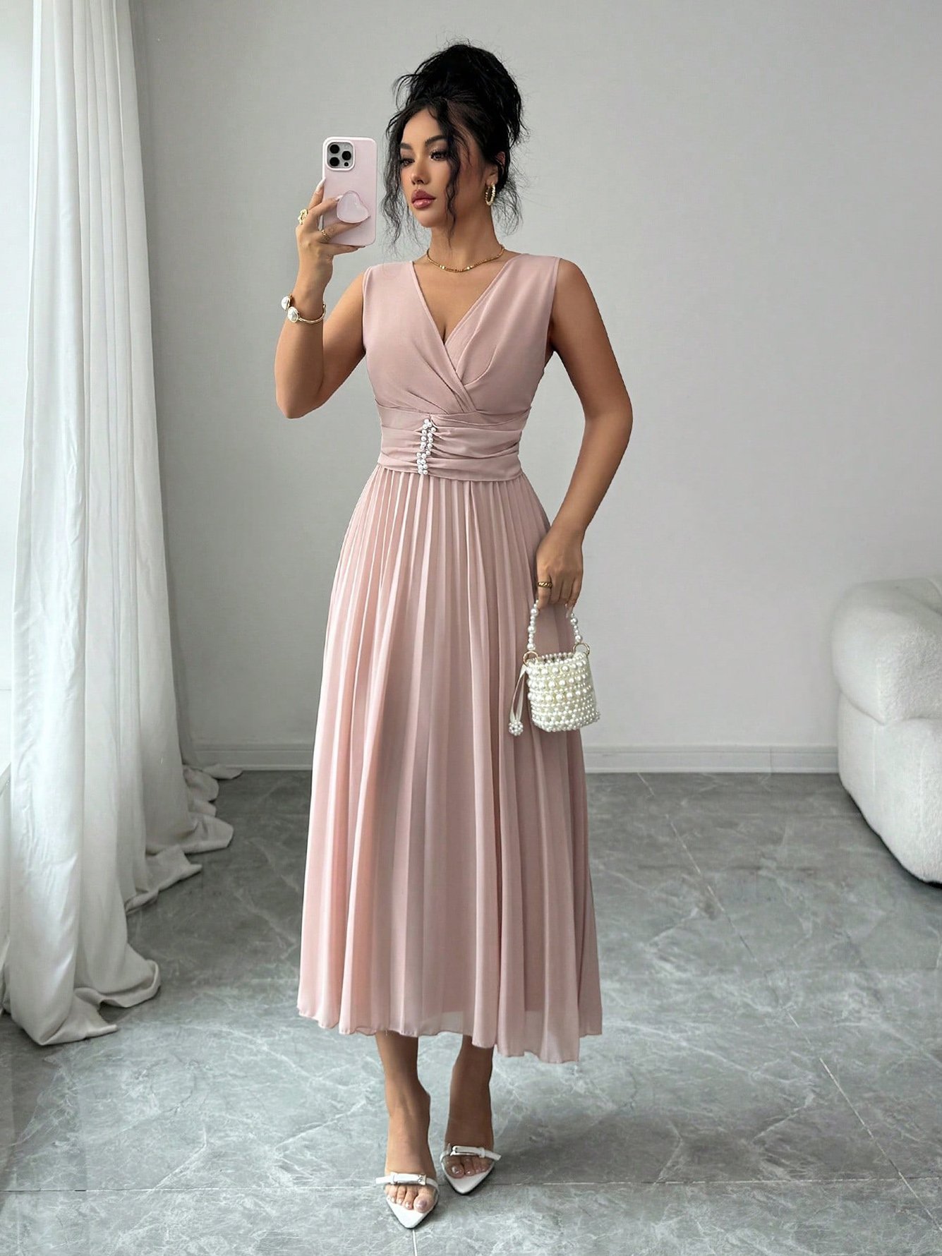 Pink Sleeveless A-Line Maxi Dress with Beaded Waist
