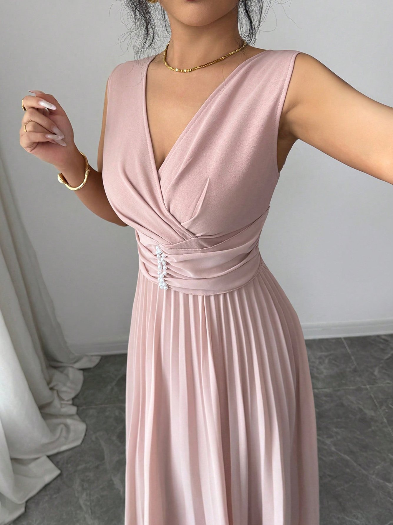 Pink Sleeveless A-Line Maxi Dress with Beaded Waist