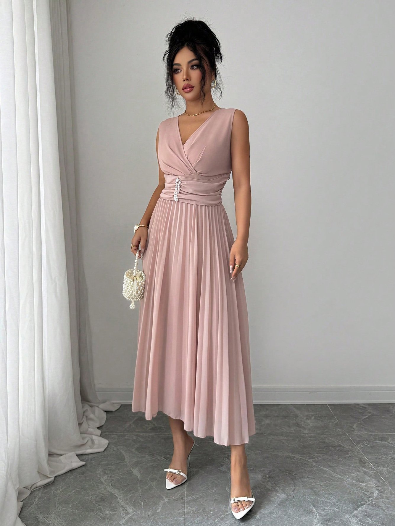 Pink Sleeveless A-Line Maxi Dress with Beaded Waist