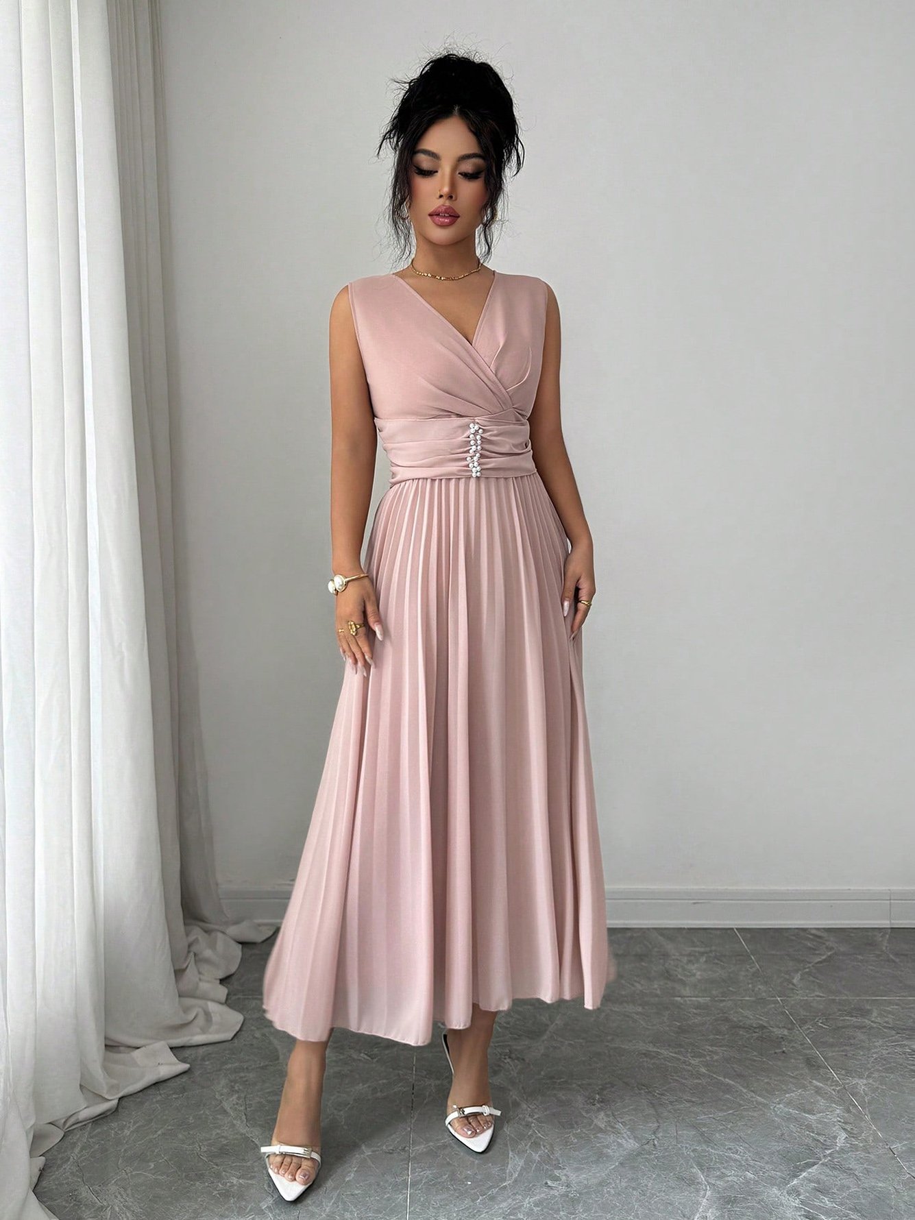 Pink Sleeveless A-Line Maxi Dress with Beaded Waist