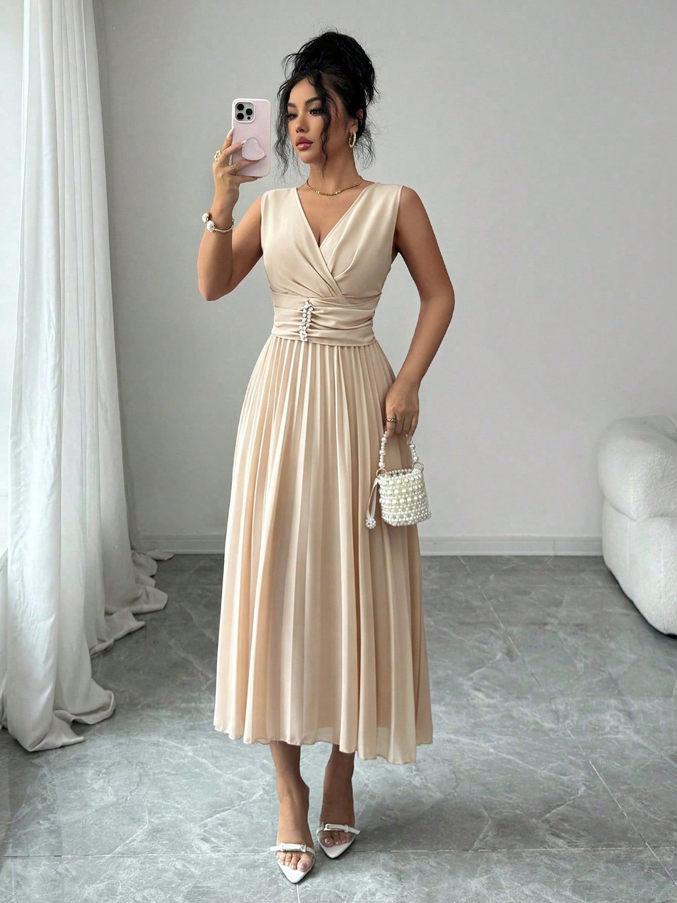 Beige Sleeveless A-Line Midi Dress with Pleated Skirt