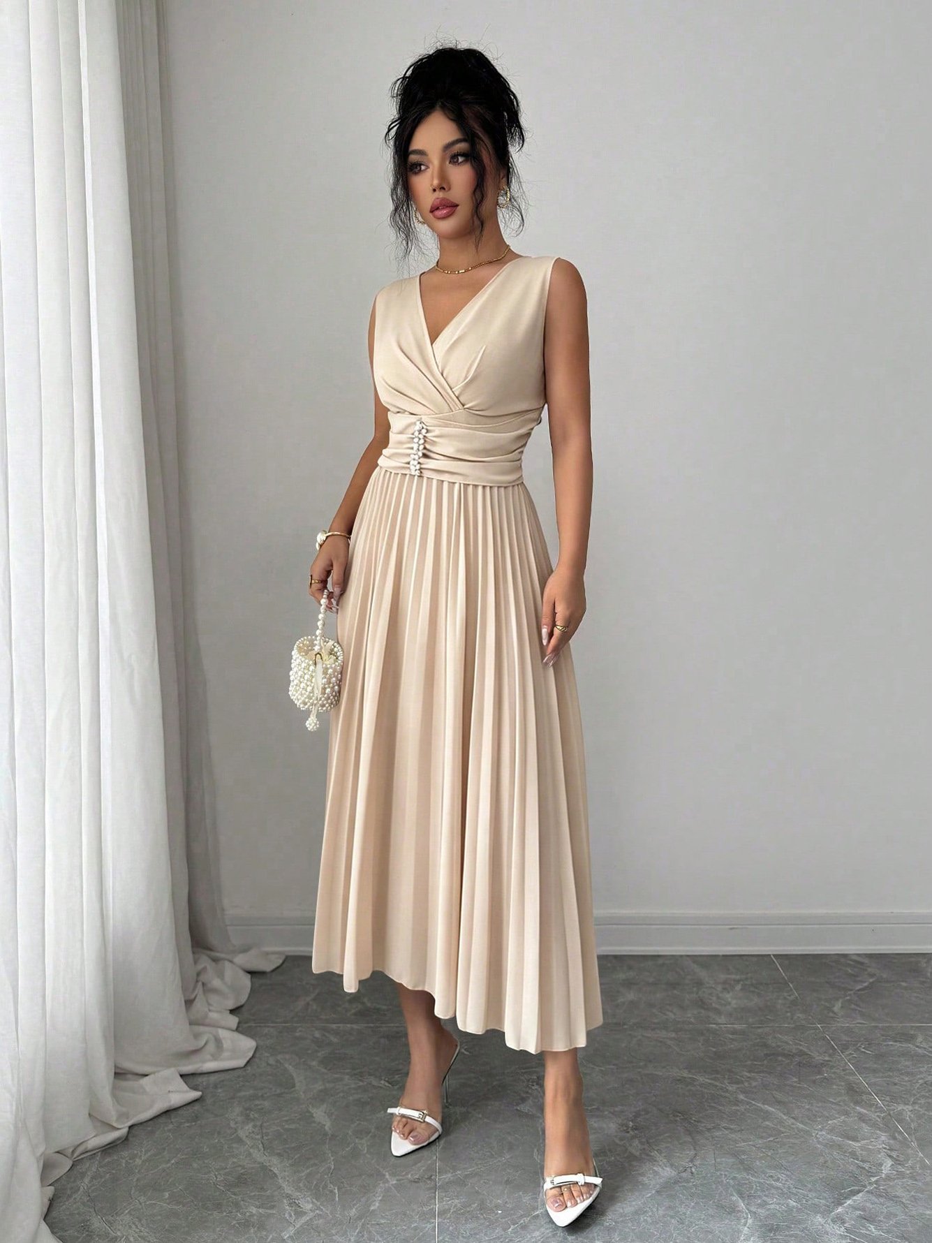 Beige Sleeveless A-Line Midi Dress with Pleated Skirt