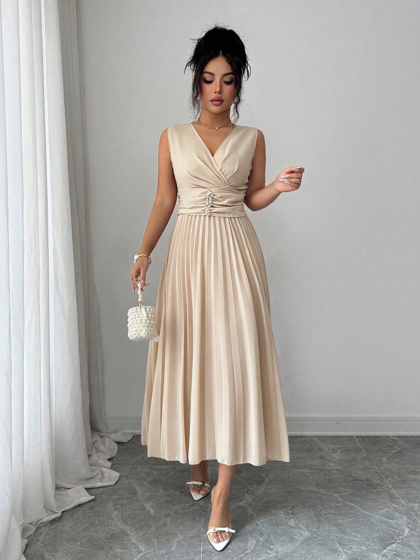 Beige Sleeveless A-Line Midi Dress with Pleated Skirt