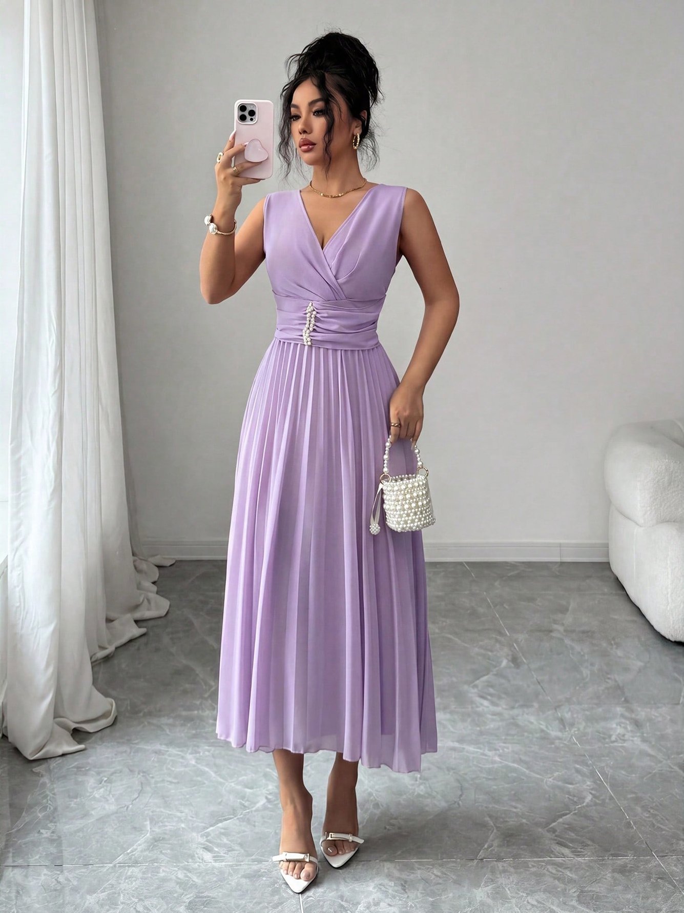 Lilac Sleeveless A-Line Maxi Dress with Beaded Waist