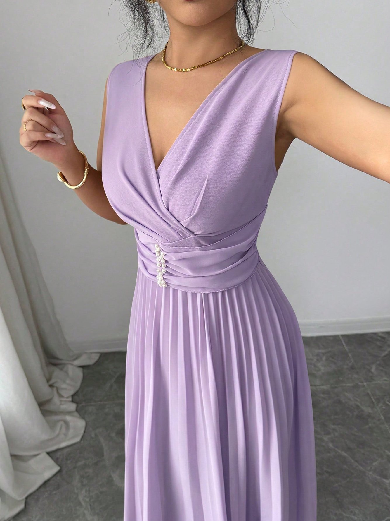 Lilac Sleeveless A-Line Maxi Dress with Beaded Waist