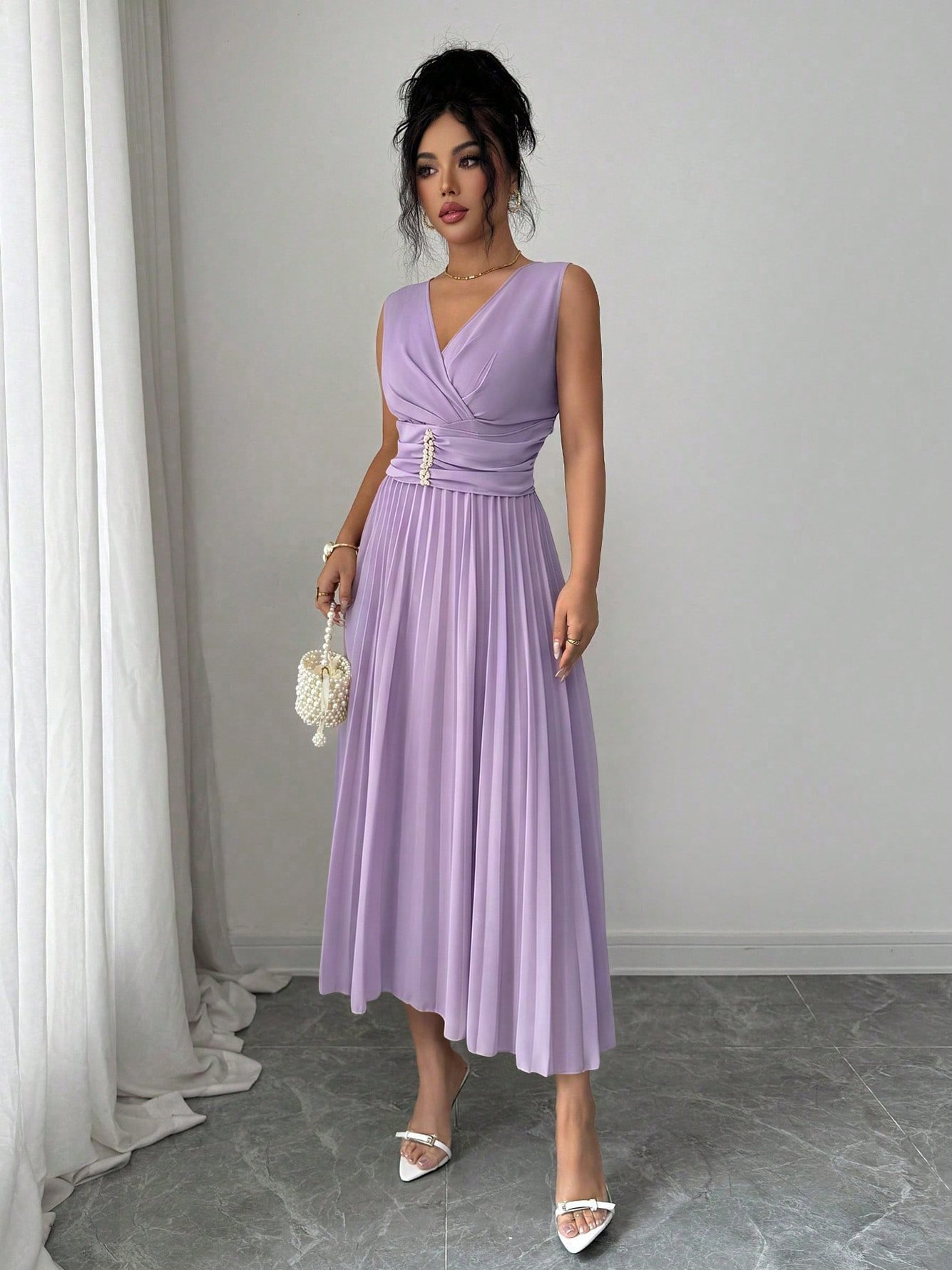 Lilac Sleeveless A-Line Maxi Dress with Beaded Waist