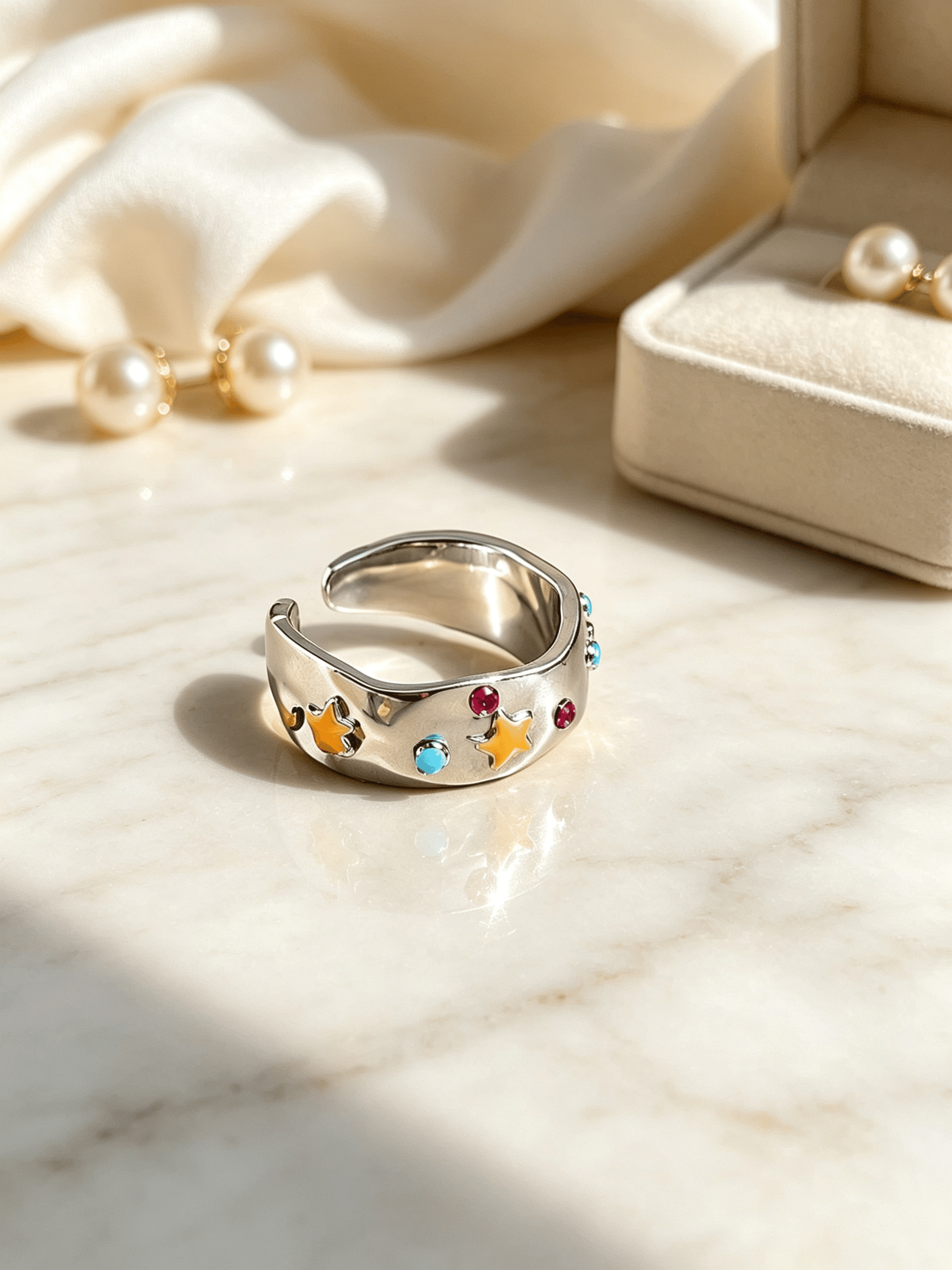 Starlight Gemstone Adjustable Silver Ring