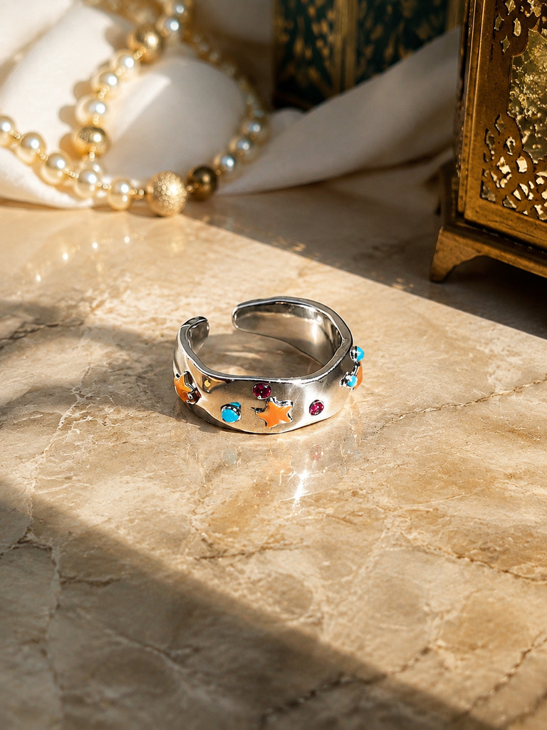 Starlight Gemstone Adjustable Silver Ring