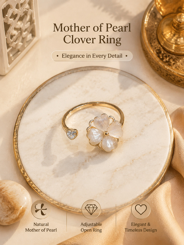 Adjustable White Mother of Pearl Clover Ring