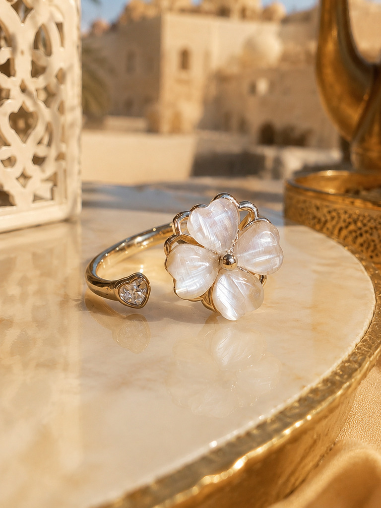 Adjustable White Mother of Pearl Clover Ring
