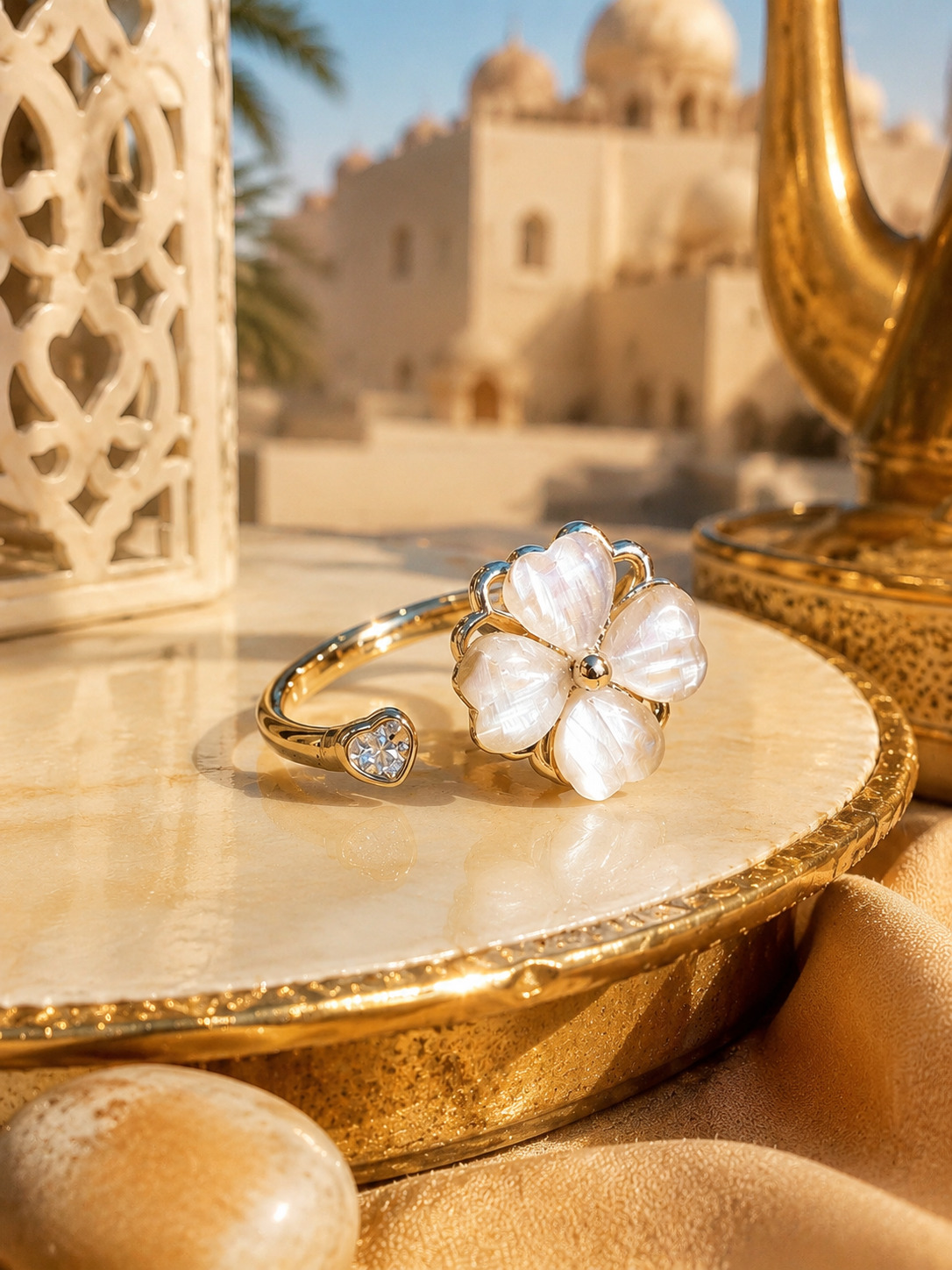 Adjustable White Mother of Pearl Clover Ring