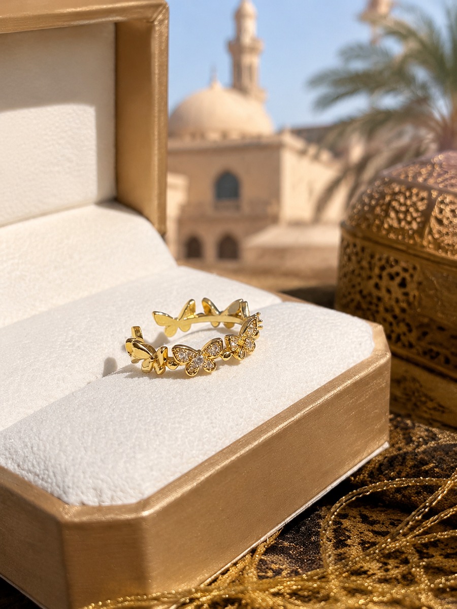 Golden Butterfly and Leaf Ring
