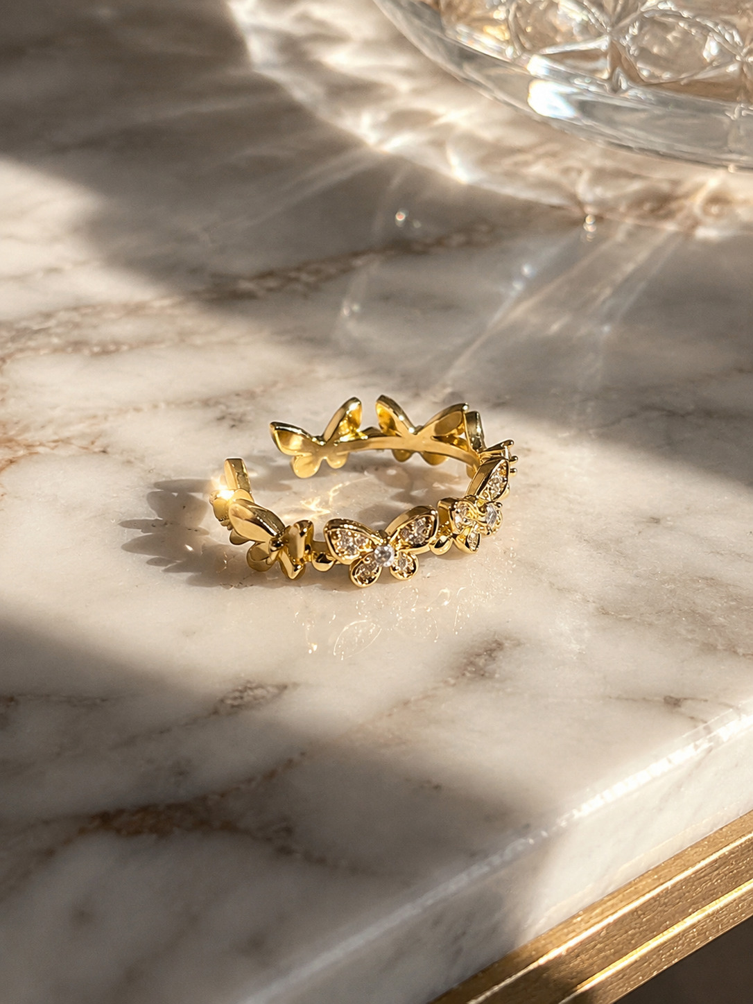 Golden Butterfly and Leaf Ring
