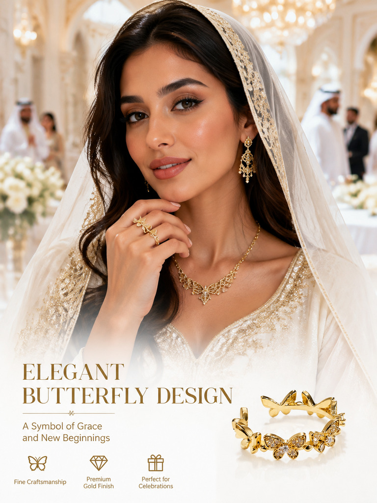 Golden Butterfly and Leaf Ring