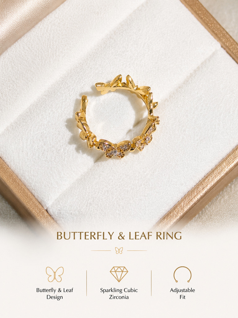 Golden Butterfly and Leaf Ring