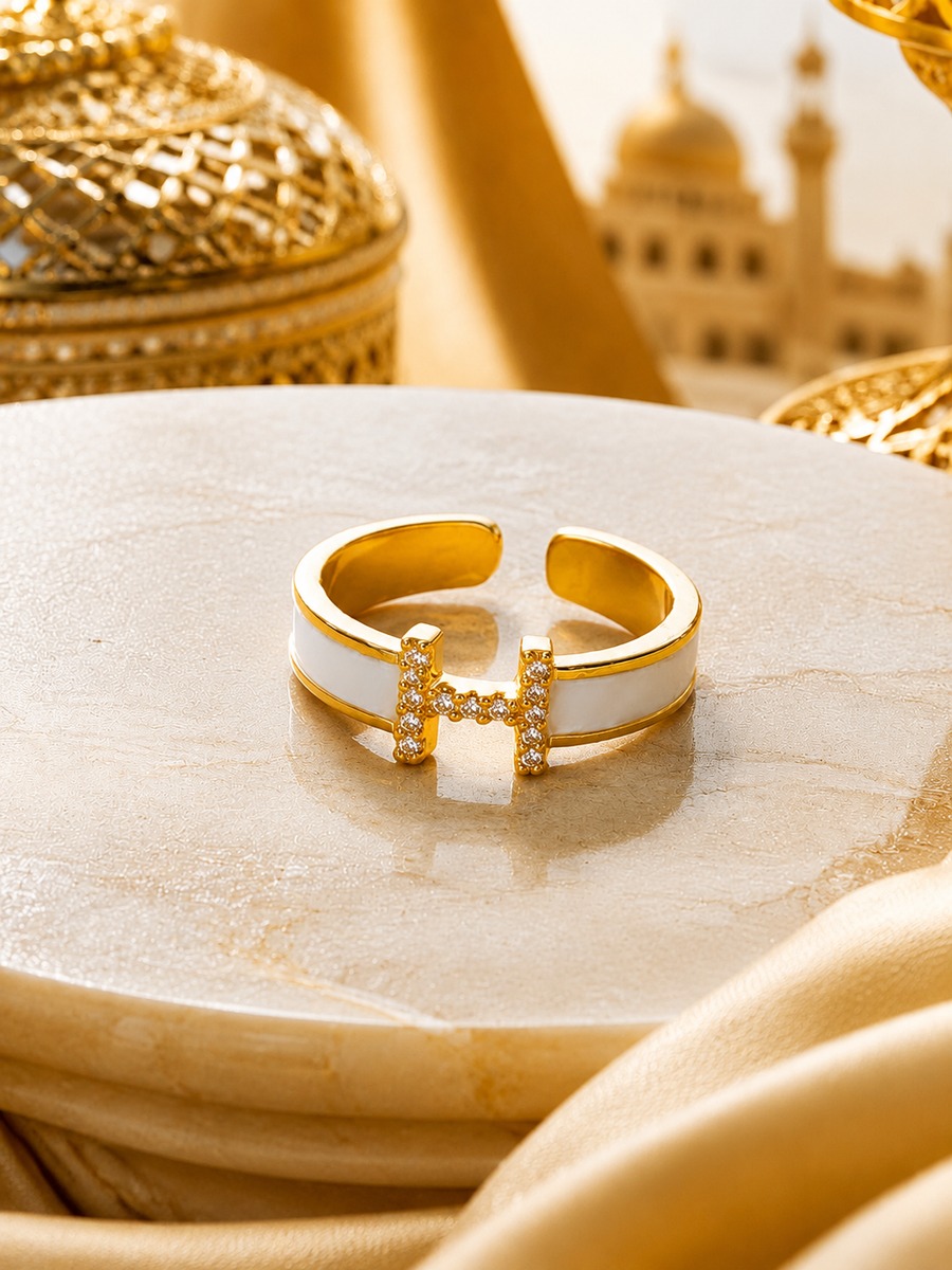 White Enamel H Ring with Zirconia