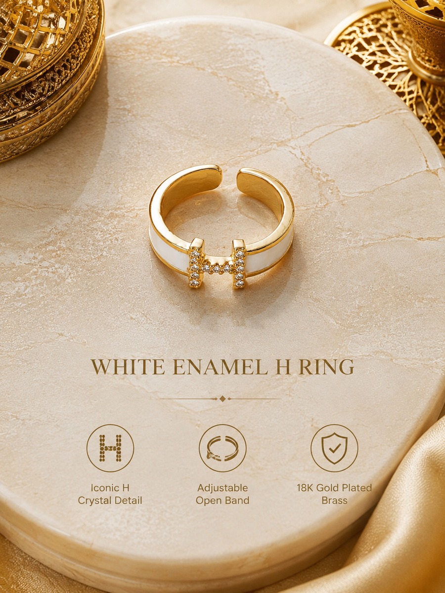 White Enamel H Ring with Zirconia