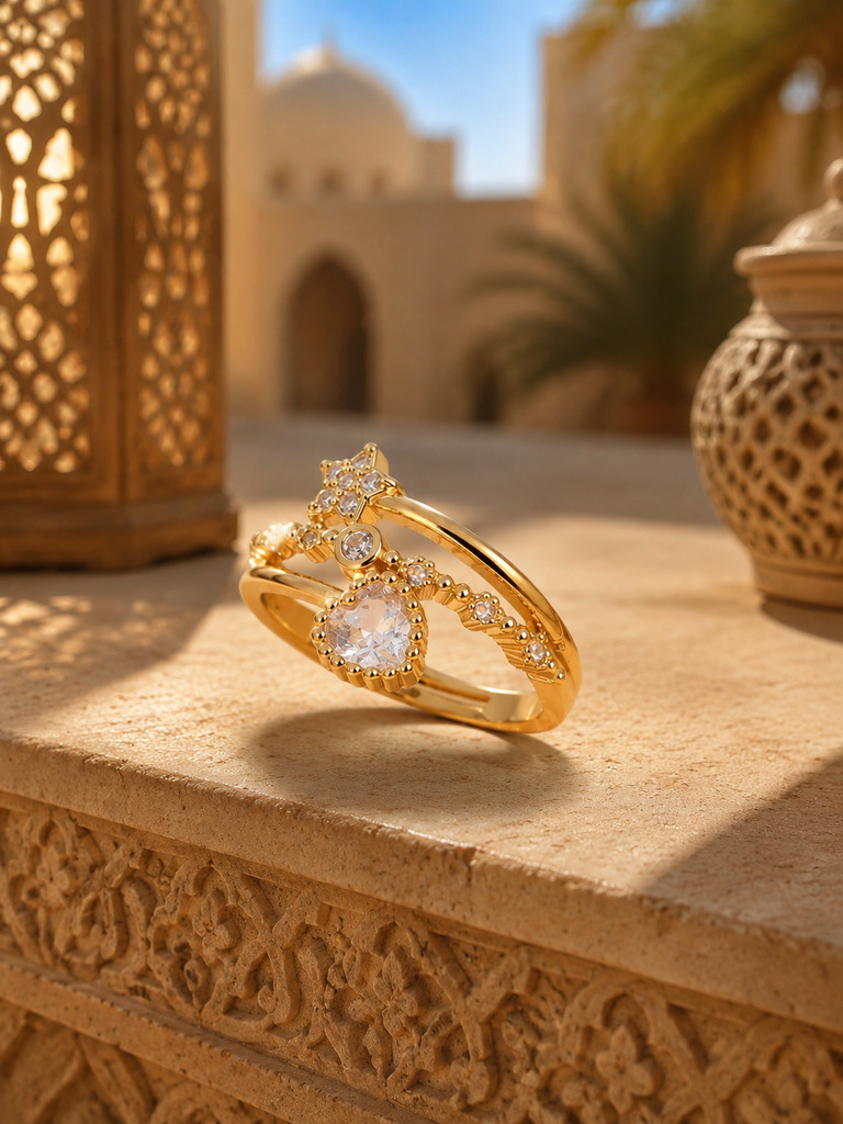Golden Heart and Star Crown Ring