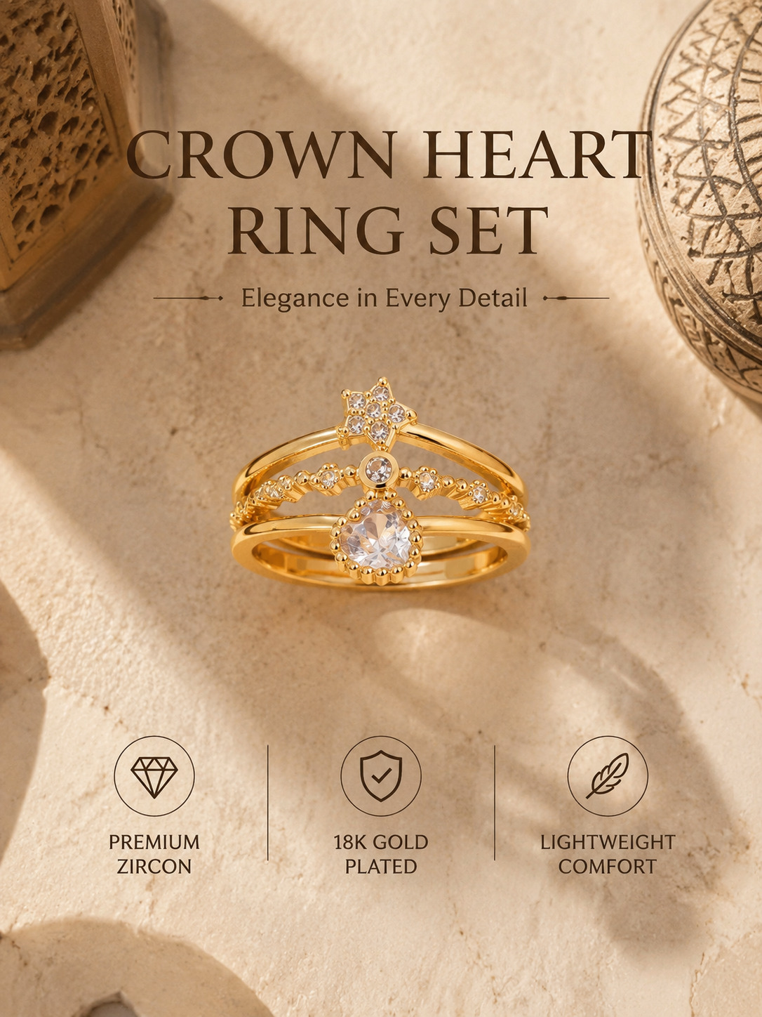 Golden Heart and Star Crown Ring