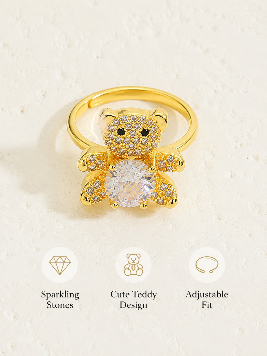Gold Teddy Bear Zircon Ring